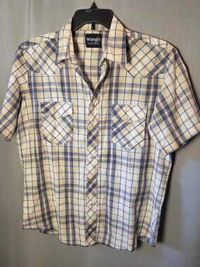 Wrangler Western Plaid Pearl Snap Shirt Short Sleeve Cowboy Ranch Wear L/XL